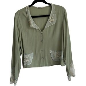 Vintage Tea & Scone Green Coquette Button Up Cover Up Embroidered with Lace